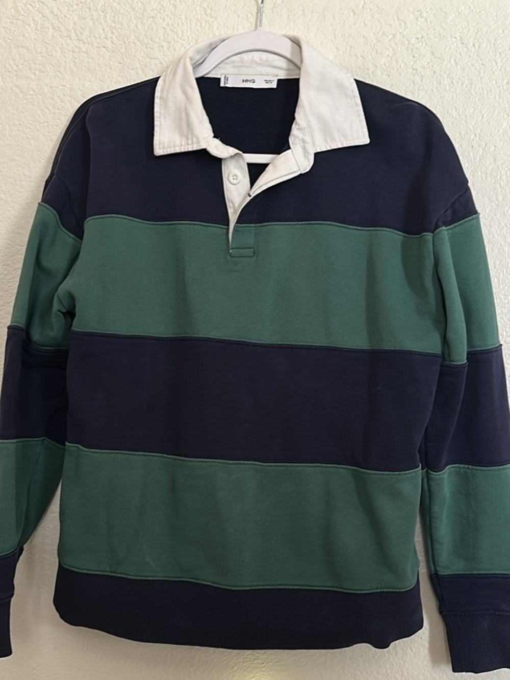 Women’s Mango Navy and Green Stripe Rugby Shirt with White Collar